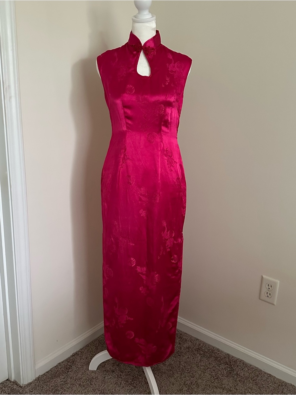 Sleeveless Fuchsia Satin Maxi Dress with Mandarin Collar